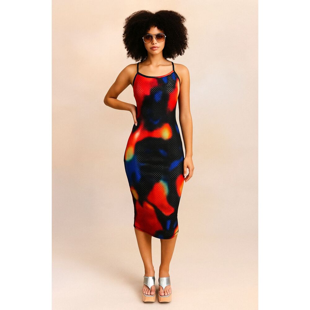 Vtg Y2k Magia USA Womens Colorful Bodycon Dress Sz M Disco Rave 70s Artsy